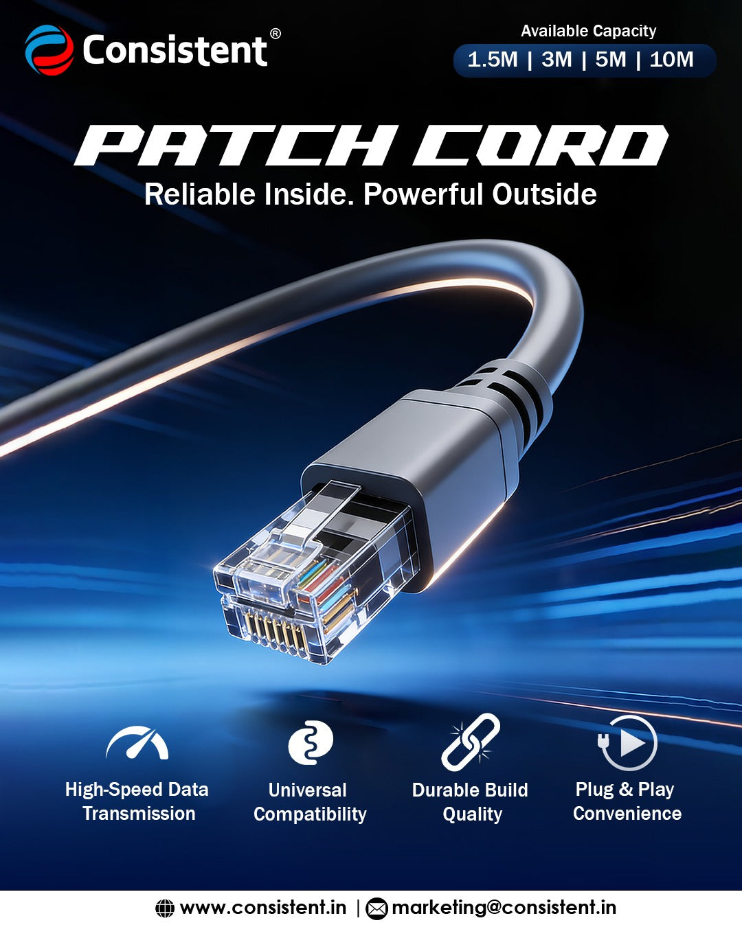 Everest Store CAT6 patch cord 3M in black with RJ45 connectors, suitable for network and Ethernet connections.