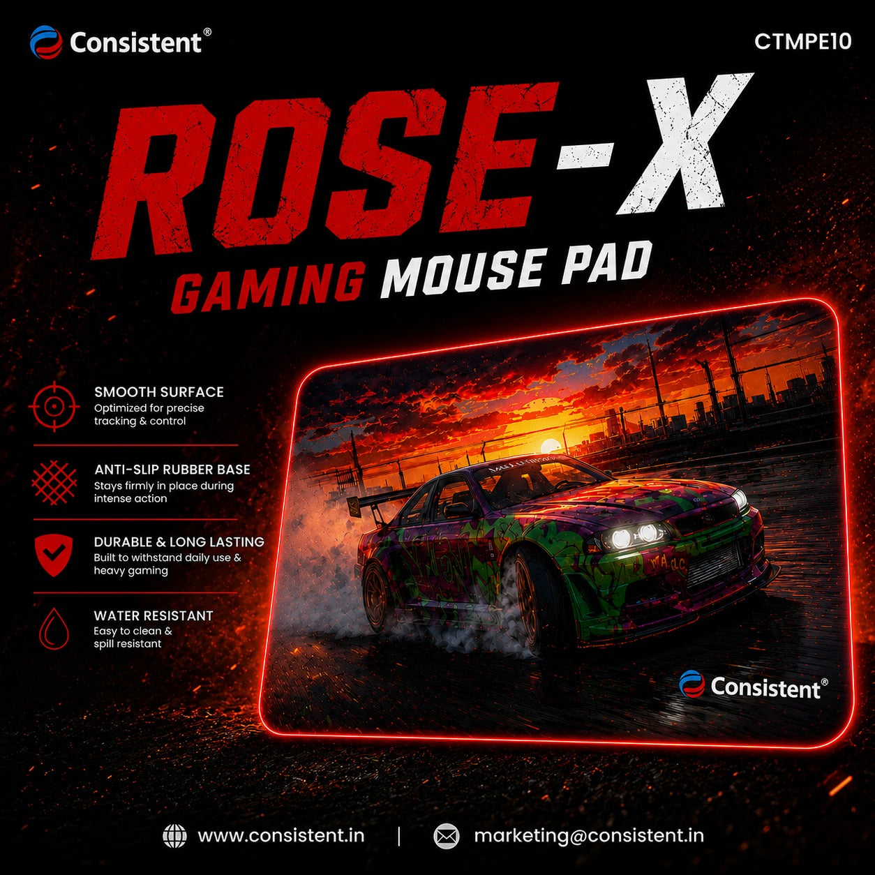 Everest Store Consistent Rose-X gaming mouse pad with floral design, smooth surface, and non-slip rubber base for gamers.