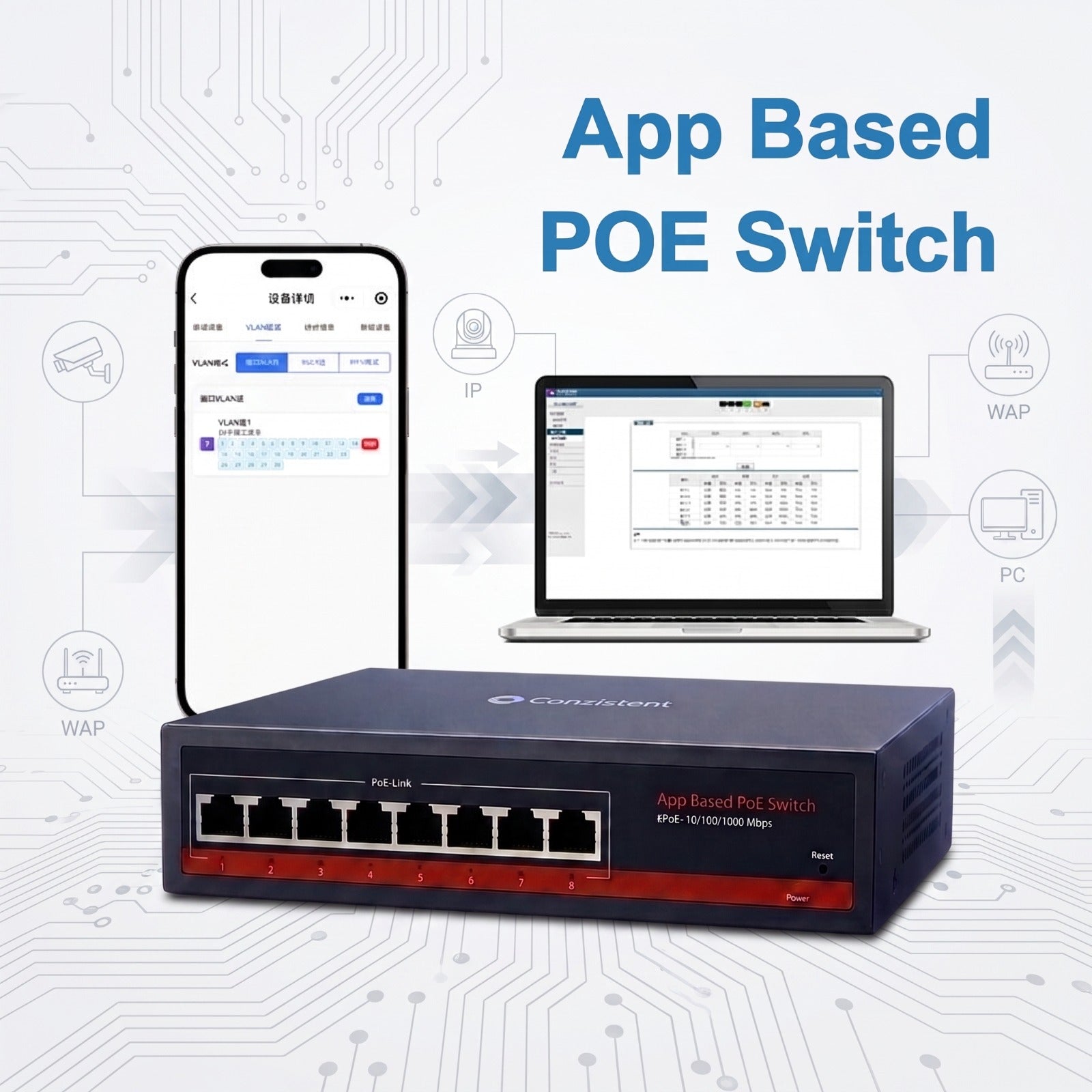 Consistent 8-Port Cloud Managed PoE Switch (CT-8P-CE)  | Gigabit 10/100/1000 Mbps | Up to 250m PoE Transmission | Plug &amp; Play