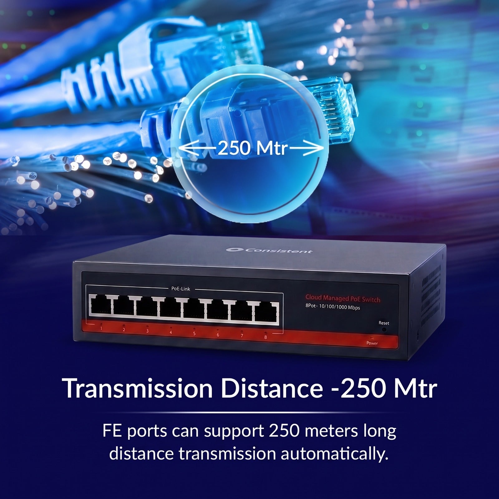 Consistent 8-Port Cloud Managed PoE Switch (CT-8P-CE)  | Gigabit 10/100/1000 Mbps | Up to 250m PoE Transmission | Plug &amp; Play