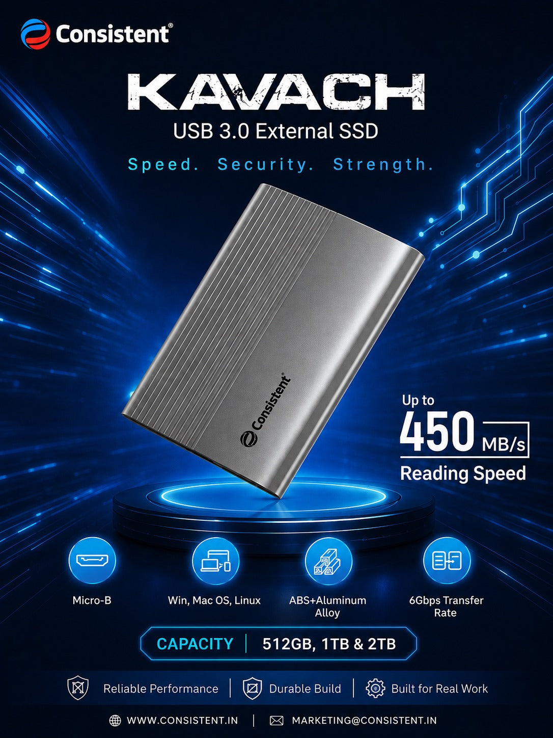 Consistent KAVACH 1TB USB 3.0 External SSD – Up to 450MB/s Read Speed CTS2CSMU