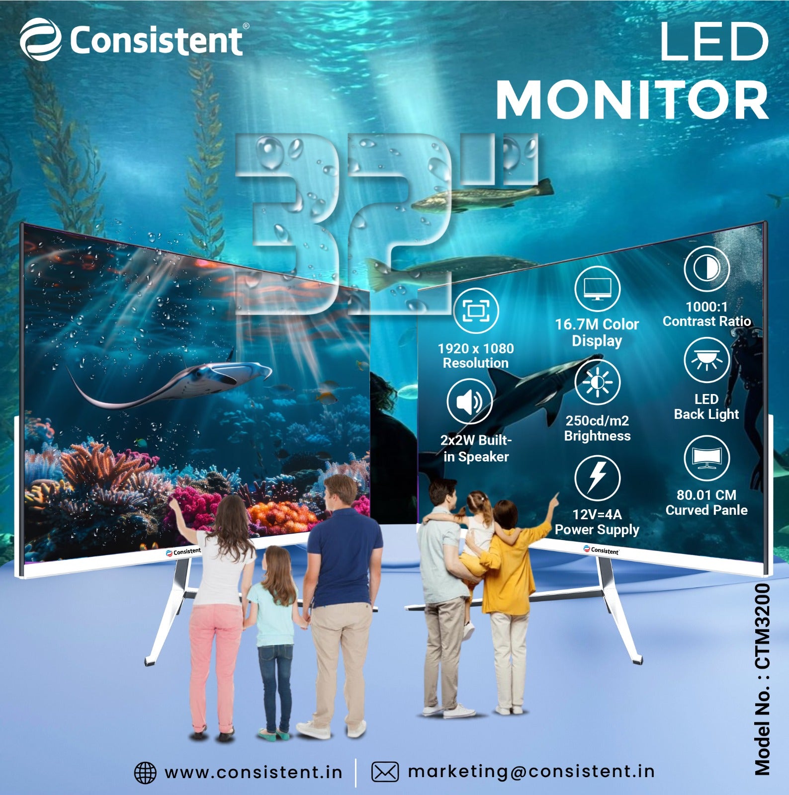 Consistent 32 Inch Curved LED Monitor Panel Size 80.01 CM (31.5") Curved R3000 | Max. Resolution 1920 x 1080 |  Viewing Angle H:178°/ V:178°(CR≥10) |  I/O Interface VGA, HDMI, Earphone Out, DC Input