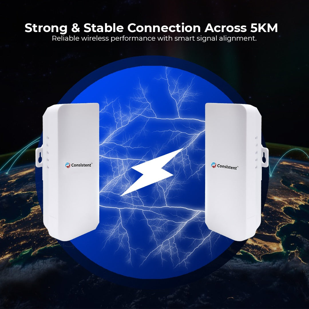 Consistent Wireless Bridge 2.4GHz, 1Km Range Long Range Outdoor CPE for PtP and PtMP Transmission | Point to Point Wireless Bridge | 6dBi, 1km+ | Passive PoE Powered w/Free PoE Injector | White | Pair Set