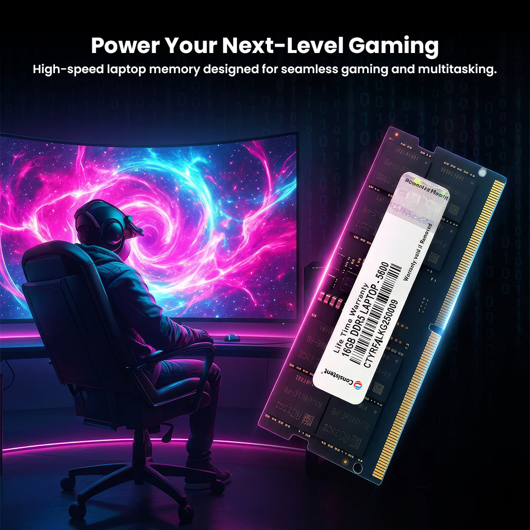 Consistent Yeti 16GB DDR5 laptop RAM module 5600MHz for faster performance and lower power consumption.