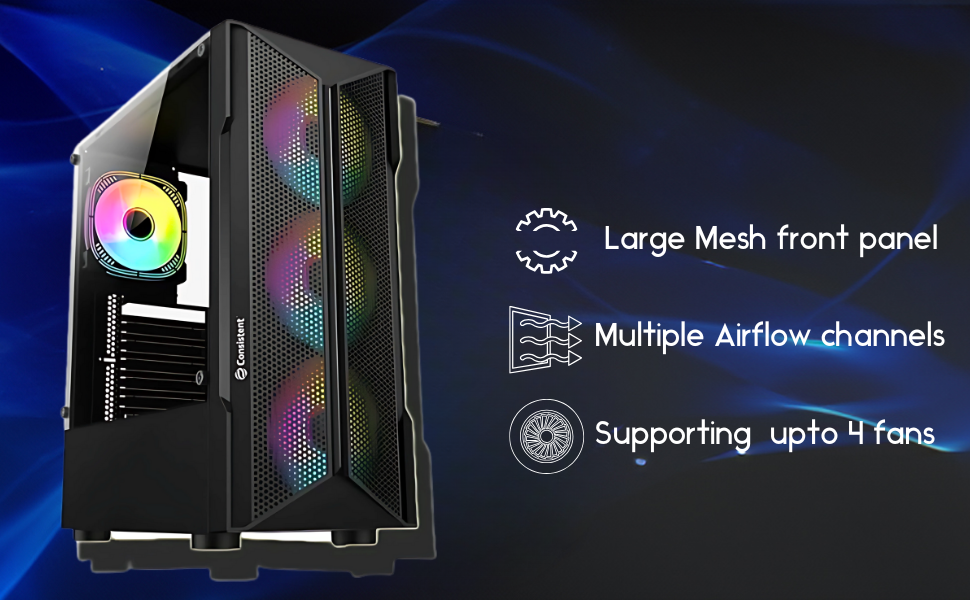 Consistent Inferno Gaming Cabinet 2002 | Support : Micro ATX/ Mini ATX / ATX Motherboard | Case Size(+Front panel): 350*185*410mm | Side Panel :  Left Aryclic ,Right 0.4mm SPCC