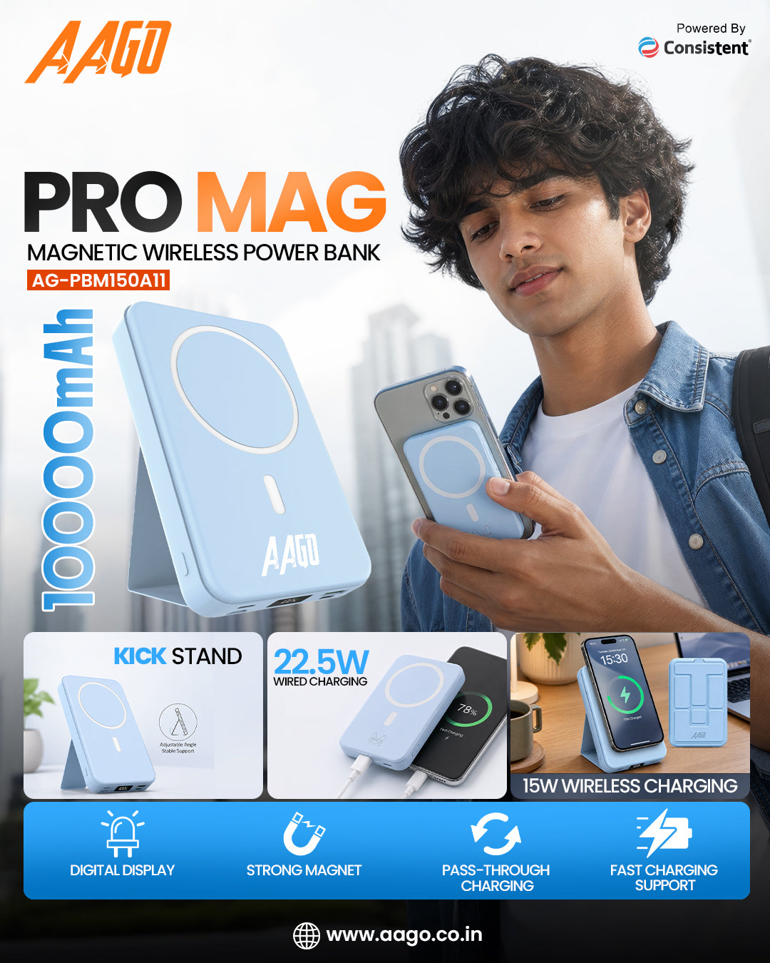 AAGO PRO MAG 10000mAh magnetic wireless power bank with 15W wireless charging and 22.5W fast charging, shown with charging ports.