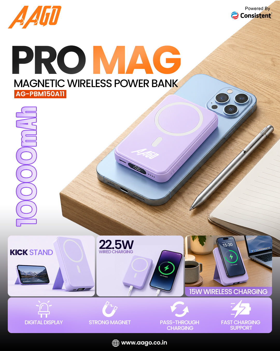 Everest Store AAGO PRO MAG 10000mAh magnetic wireless power bank with 15W wireless and 22.5W fast charging, purple design