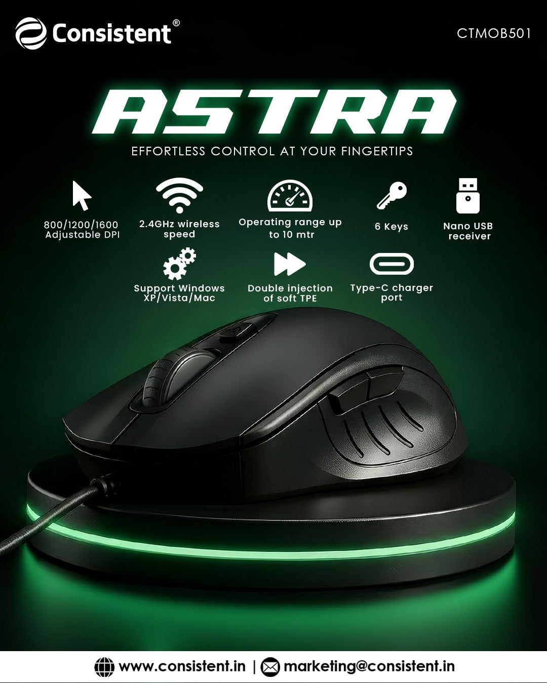 Con Astra Wireless Mouse(CTMOB501)-Black