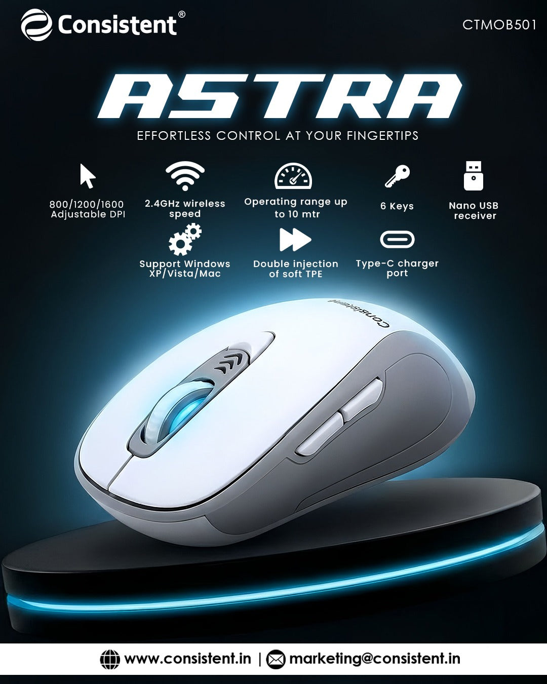 Con Astra Wireless Mouse(CTMOB501)-White