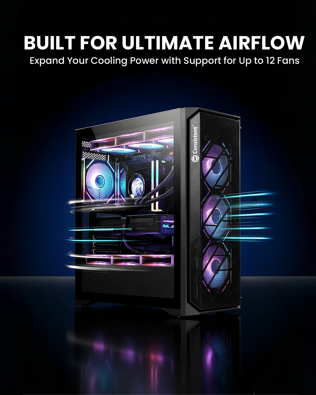 Consistent ATLAAS gaming cabinet in black with mesh front panel, designed for gaming PCs and ventilation.