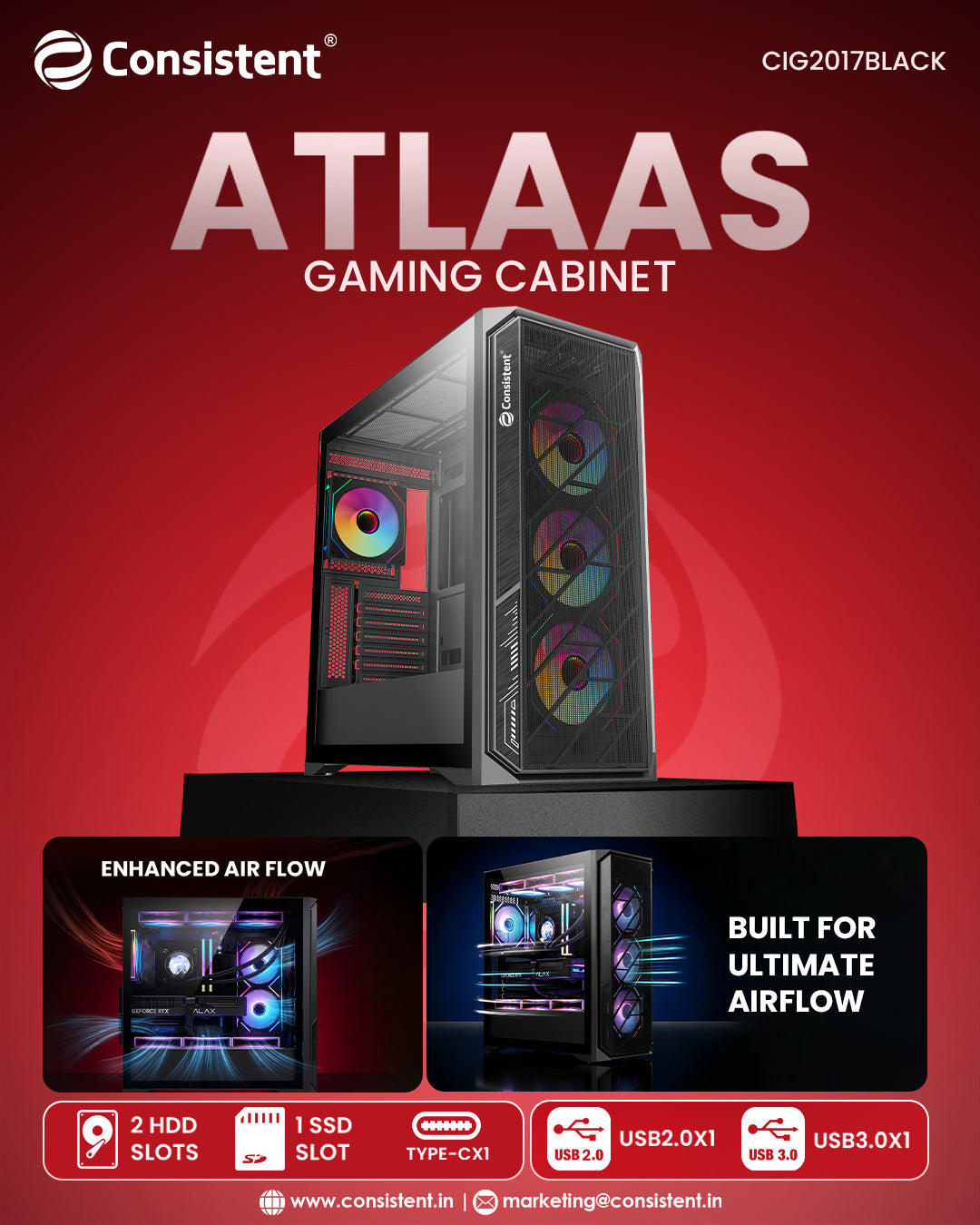 Black Everest ATLAAS gaming cabinet with mesh front panel for airflow and ventilation, model CIG2017.