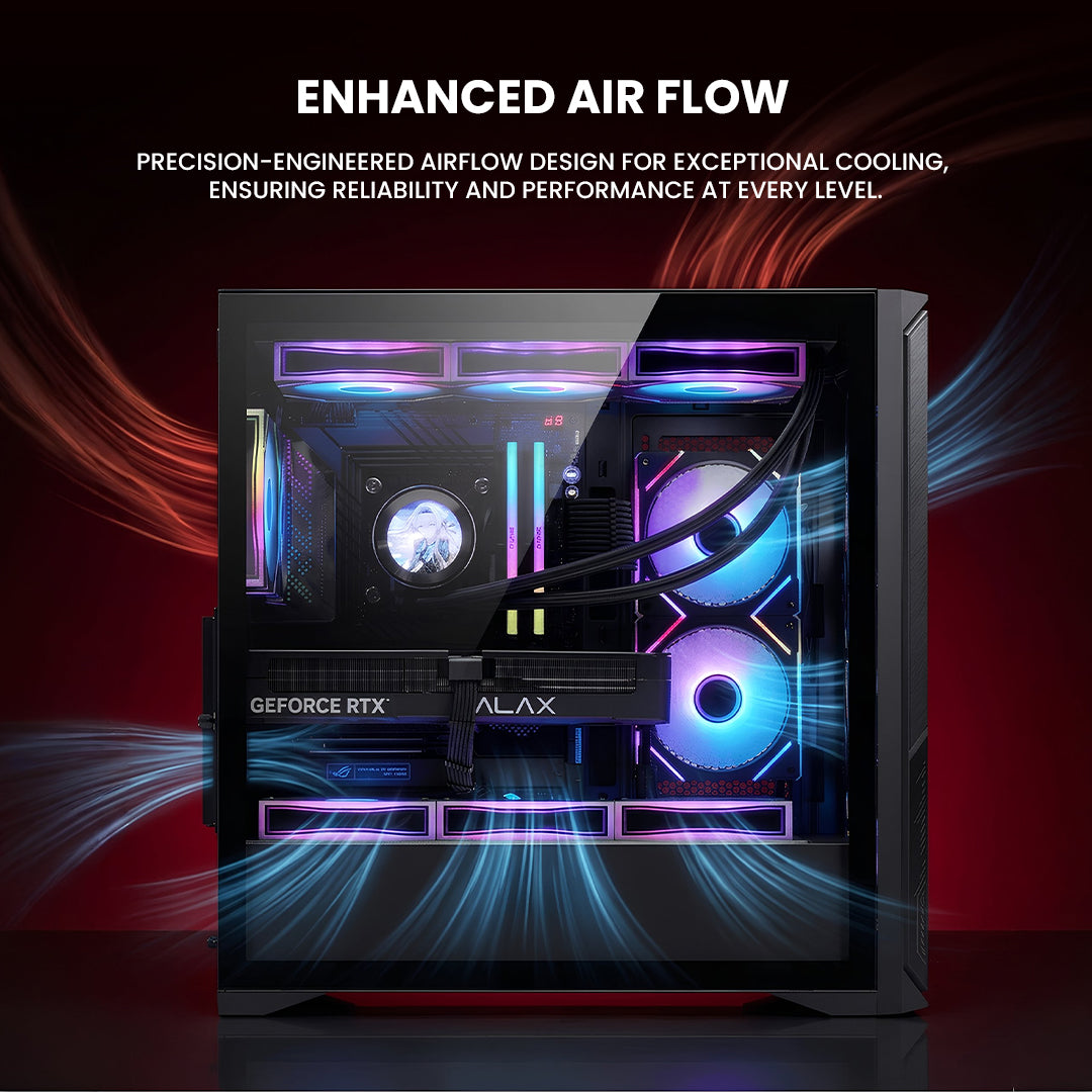 Black ATLAAS gaming cabinet with mesh front panel, model CIG2017, designed for optimal airflow and gaming setup.