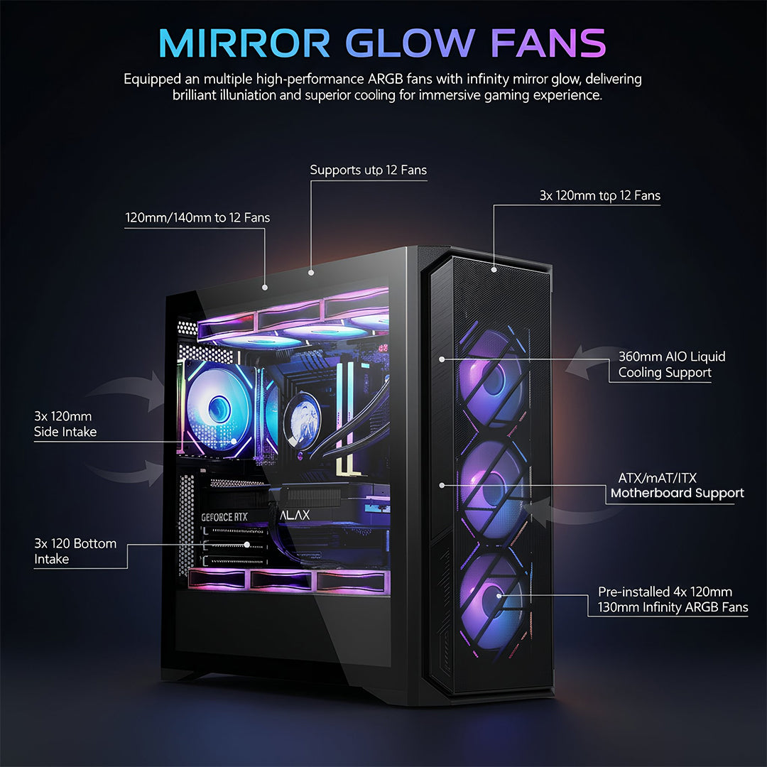 Black ATLAAS gaming cabinet with mesh front panel, designed for gaming setups, featuring a sleek, modern Everest Store product design.