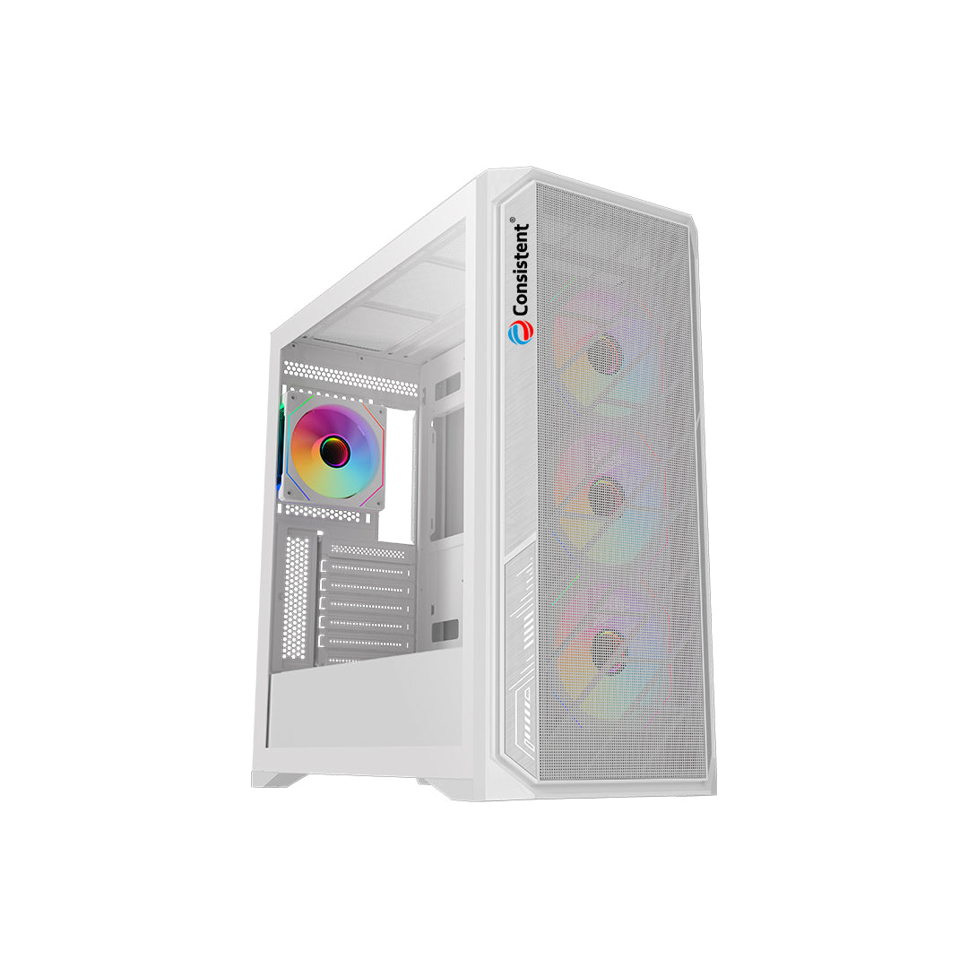 White Consistent ATLAAS gaming cabinet with mesh front panel, designed for optimal airflow and stylish gaming setup.