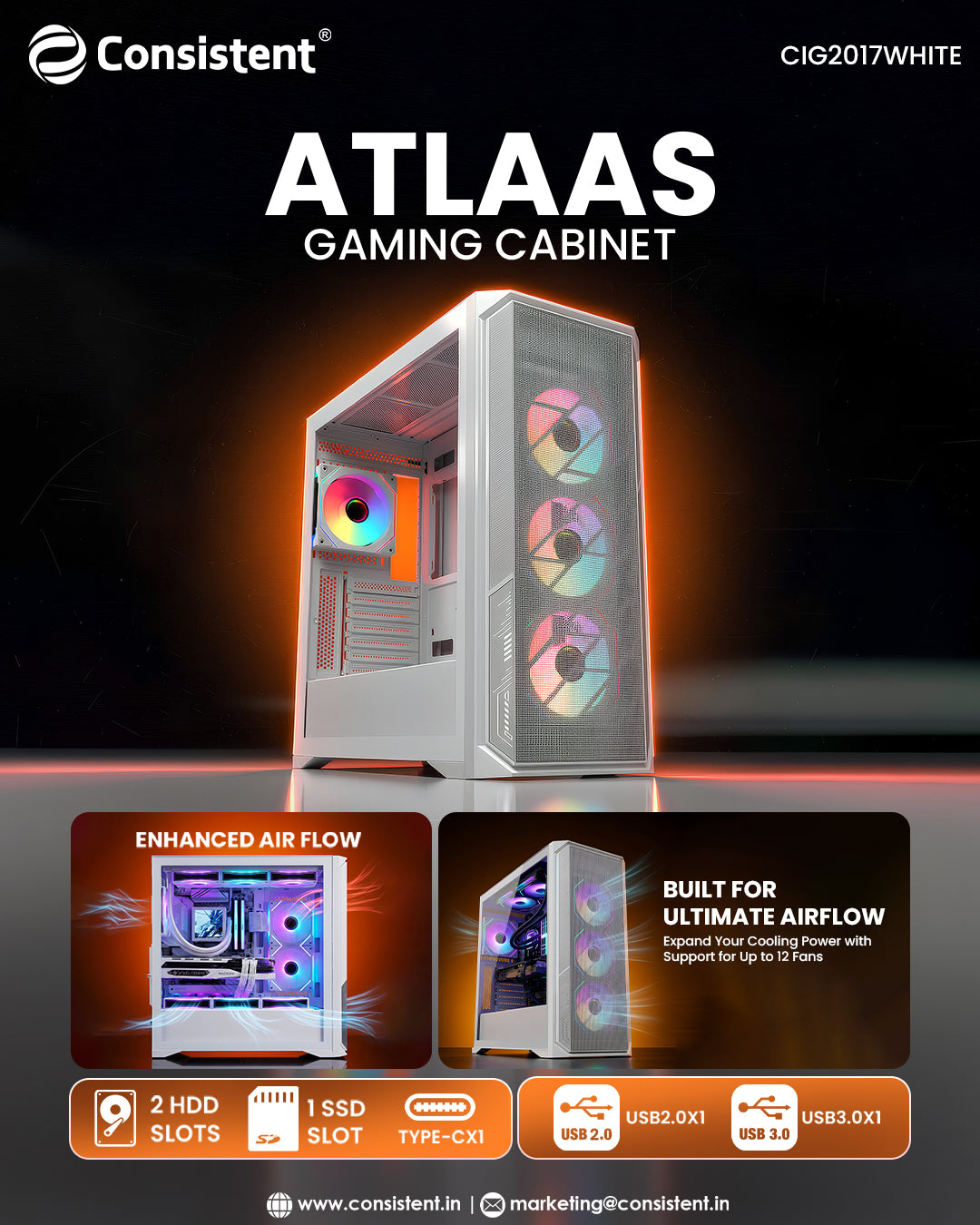 White ATLAAS gaming cabinet with mesh front panel, designed for gaming setups, by Everest Store.