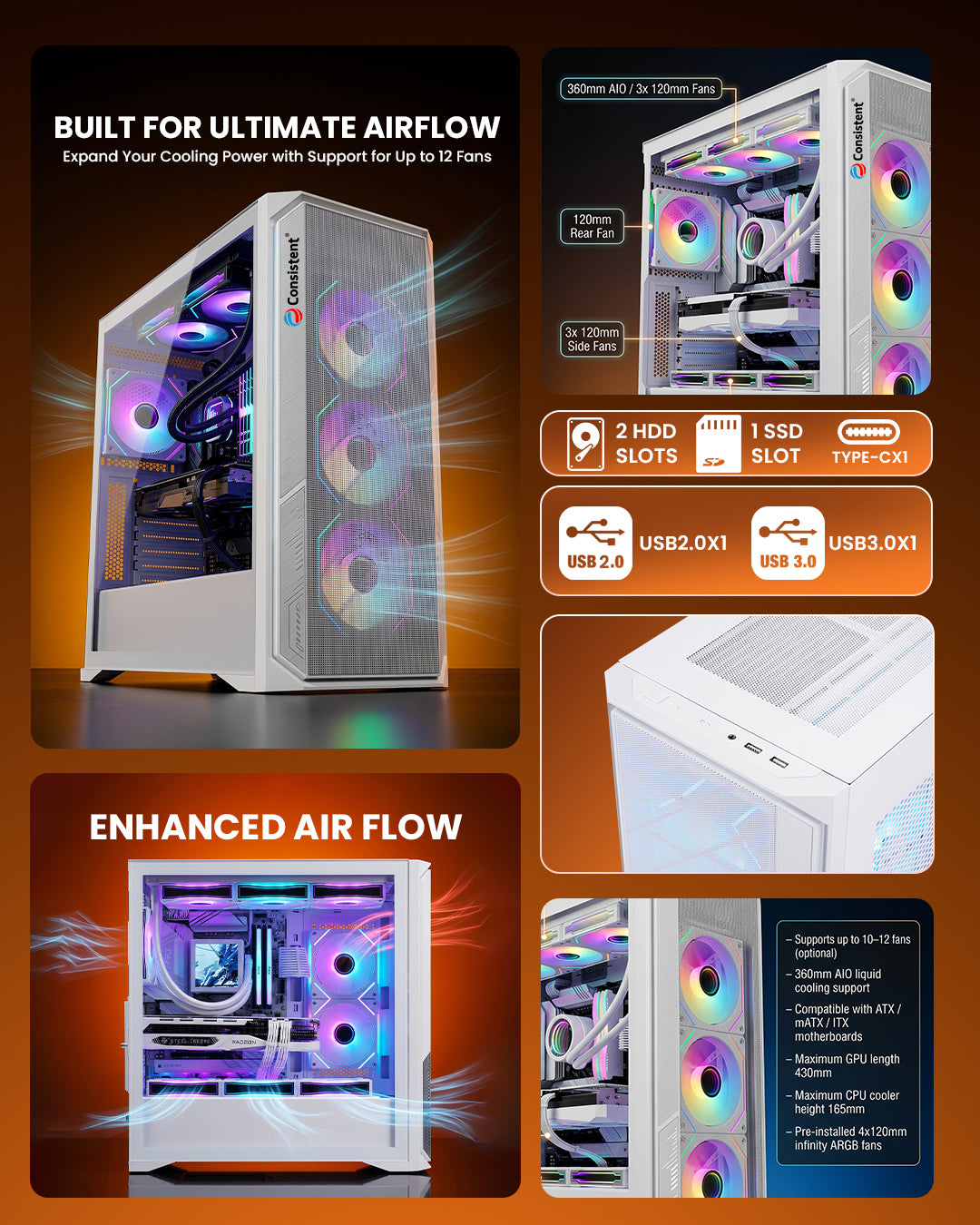 White Consistent ATLAAS gaming cabinet with mesh front panel, designed for optimal airflow and stylish gaming setup by Everest Store.