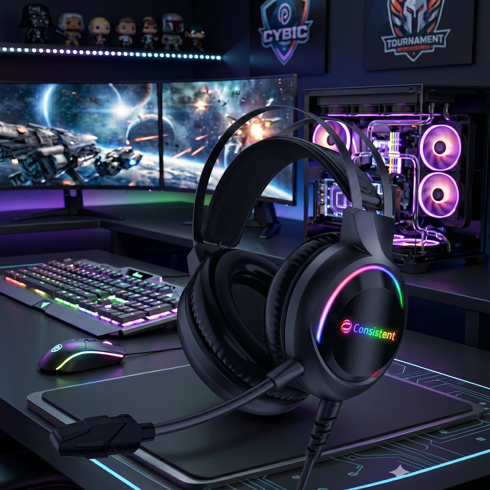 Wired gaming headset with over-ear design, adjustable headband, and built-in microphone for immersive sound and communication.