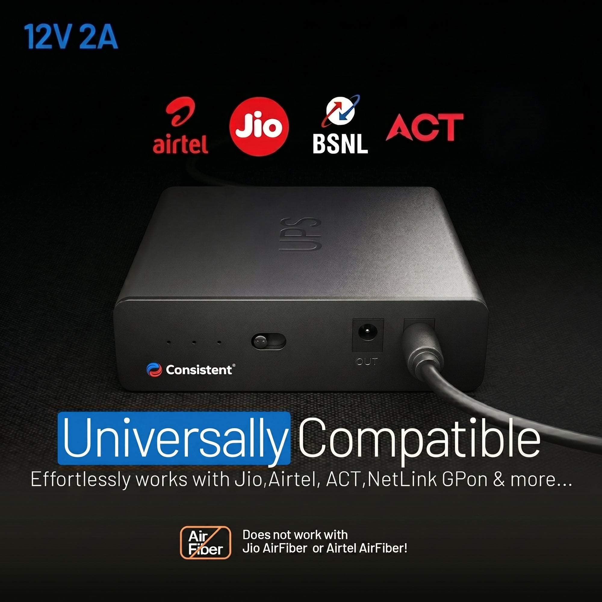 Consistent Mini UPS for WiFi router with 12V-2A battery, surge protection, and up to 3 hours backup for routers, modems, CCTV cameras