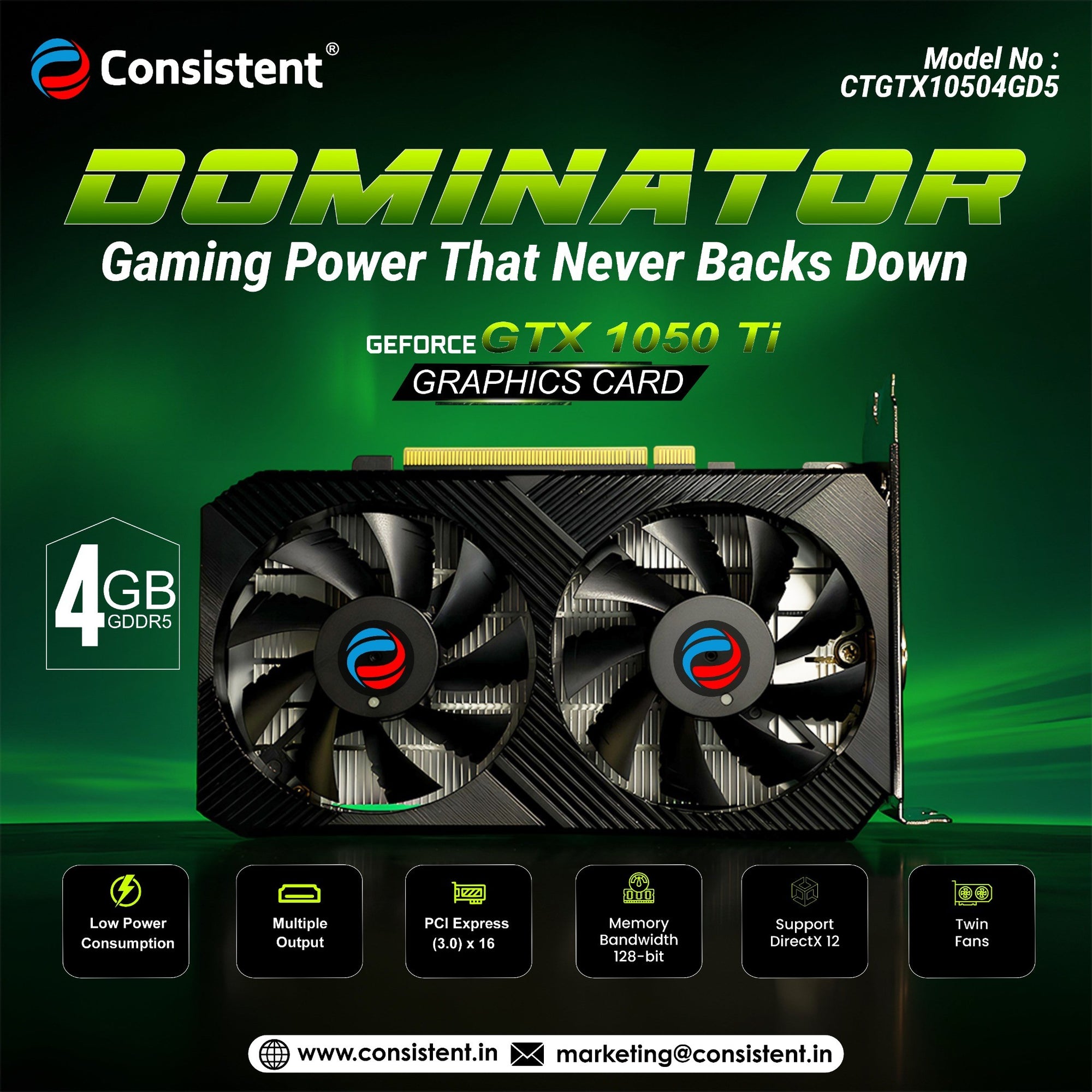 Everest Store Consistent DOMINATOR GeForce GTX 1050 Ti graphics card installed in a computer, showing cooling fan and heatsink.