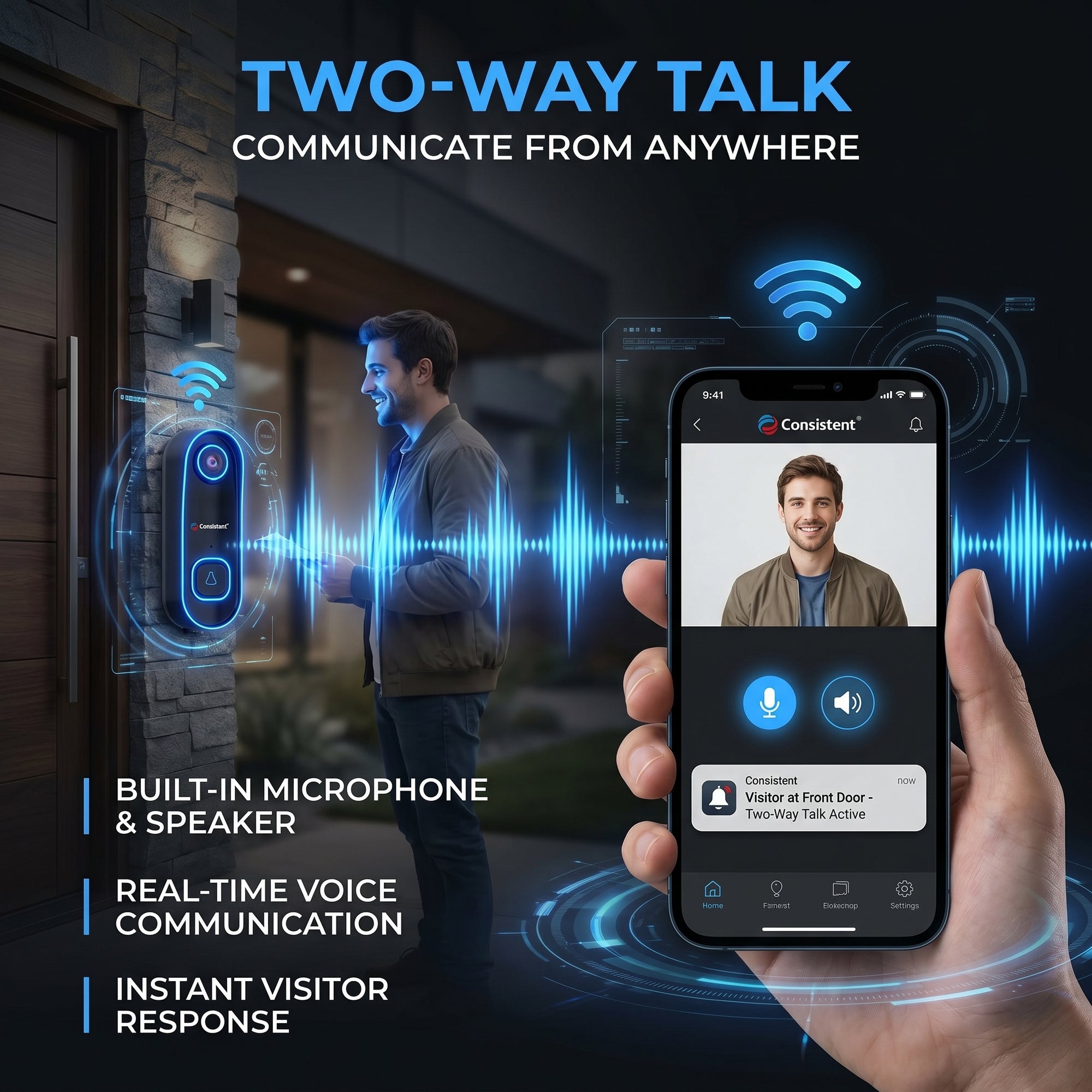 Everest Store 3MP Wi-Fi video doorbell with PIR motion detection and two-way audio, shown mounted outside a home.