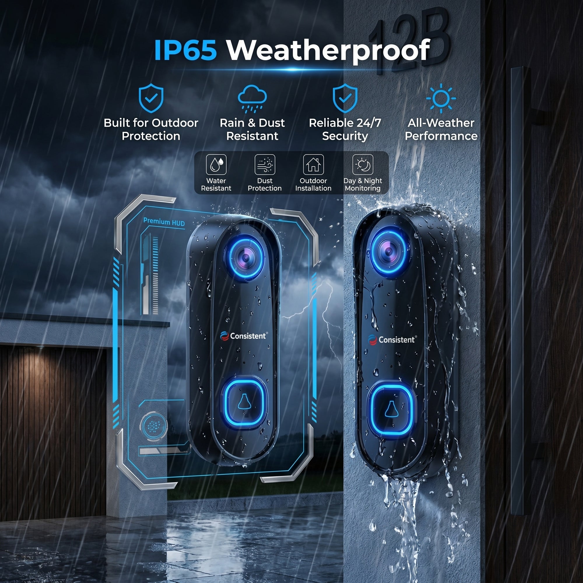 Everest Store 3MP Wi-Fi video doorbell with PIR motion detection and two-way audio, mounted on a front door.
