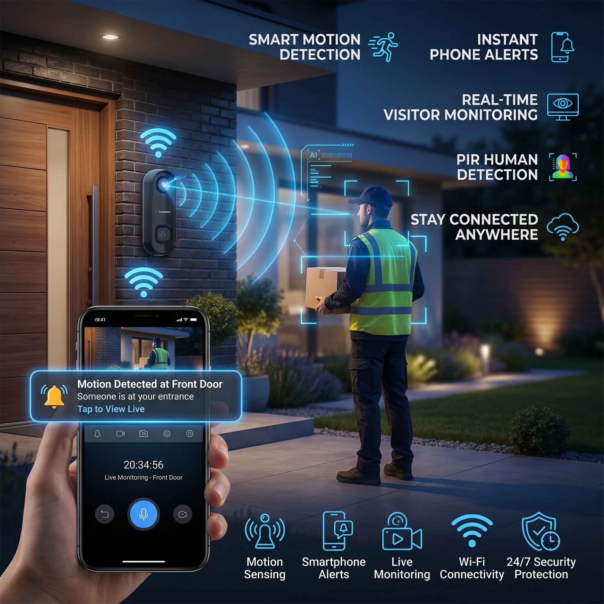 Everest Store 3MP Wi-Fi video doorbell with PIR motion detection and two-way audio showing a sleek doorbell with camera and mounting hardware.