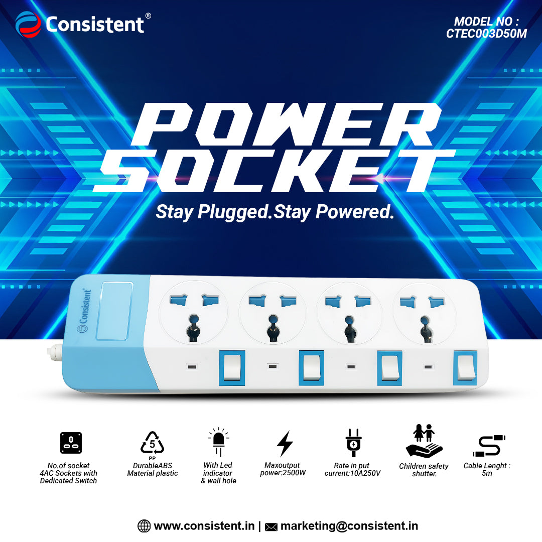 Consistent POWER SOCKET EXTENSION With 4AC Sockets 5m (CTEC003D50M ...