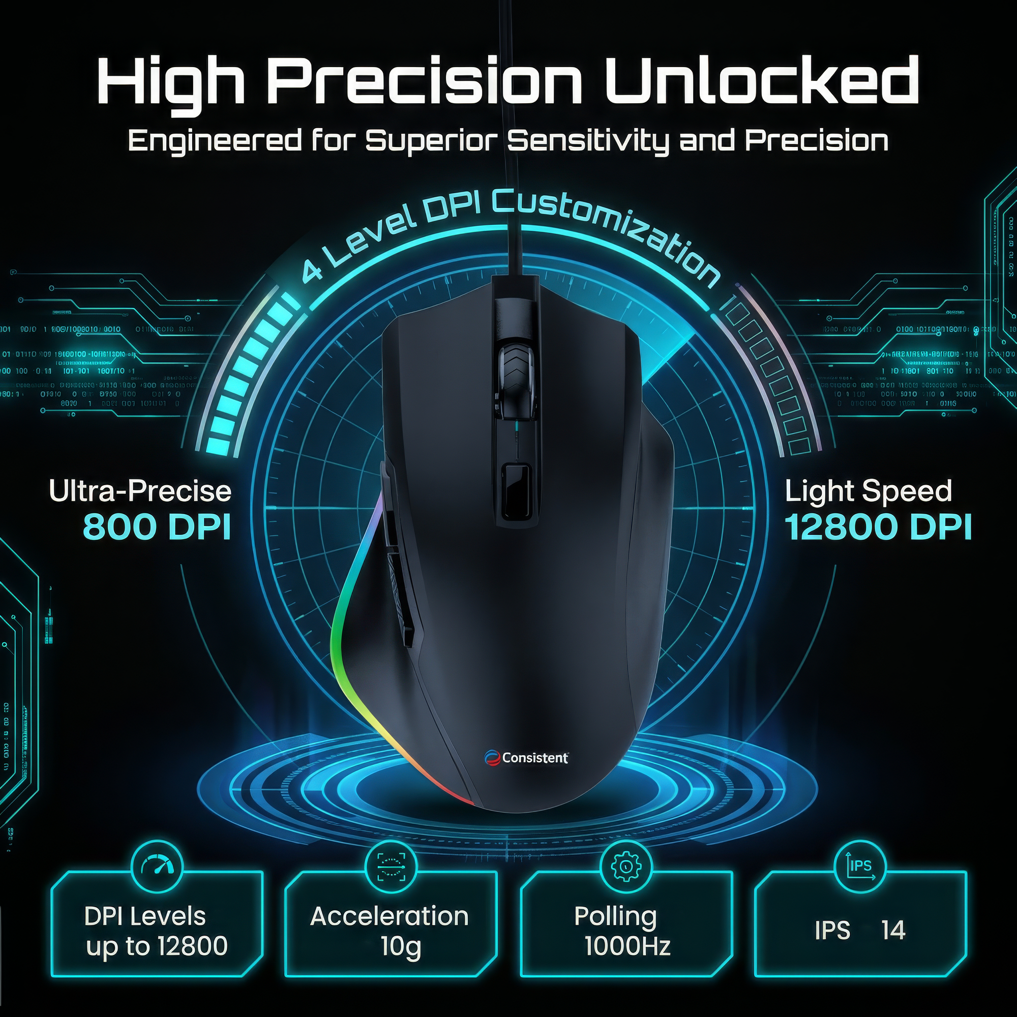 Black wired gaming mouse from Everest Store's Consistent Eclipse series, featuring ergonomic design and customizable buttons.