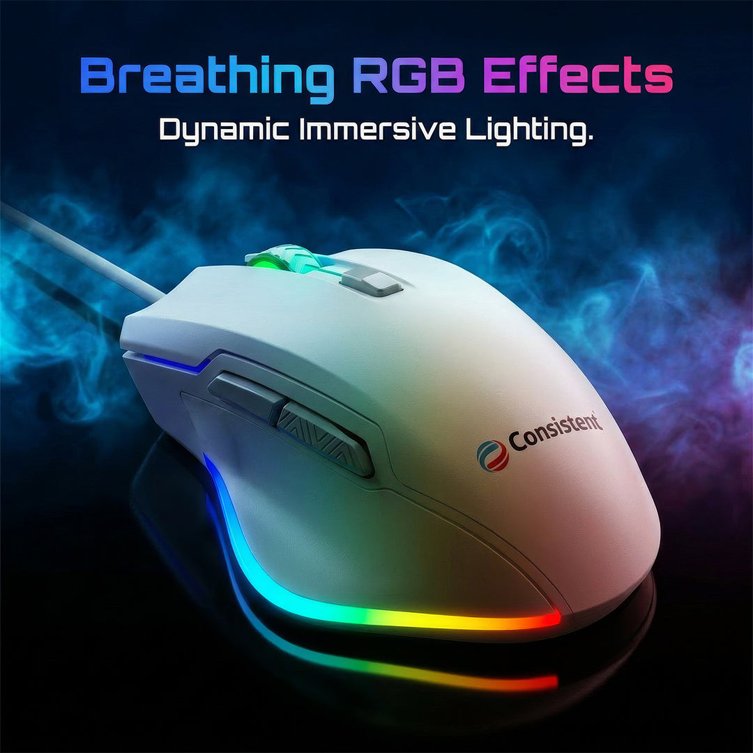 White Consistent Eclipse Wired Gaming Mouse by Everest Store with ergonomic design and customizable buttons on a sleek surface.