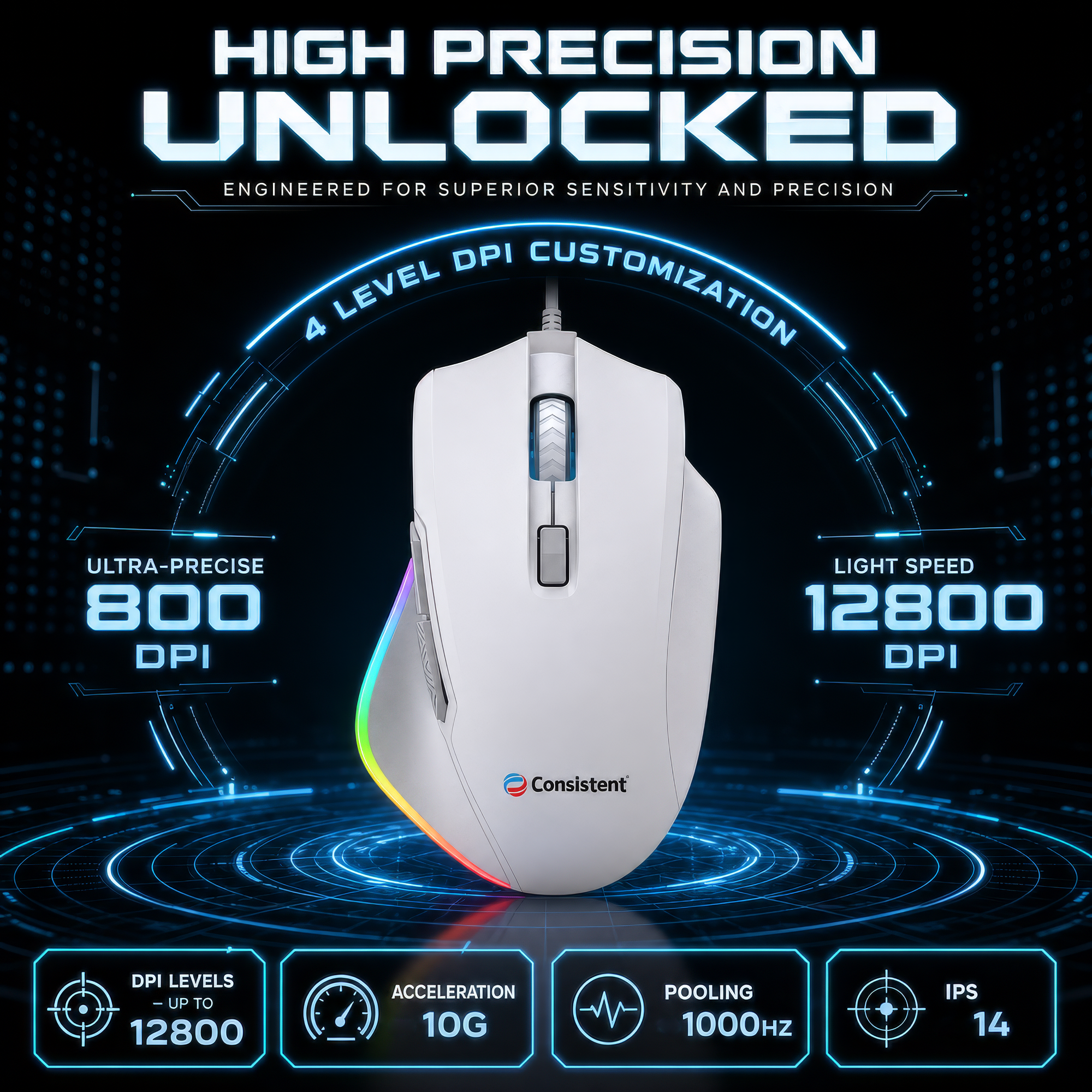 White Eclipse Wired Gaming Mouse by Everest Store with ergonomic design and customizable buttons, shown on a plain background.