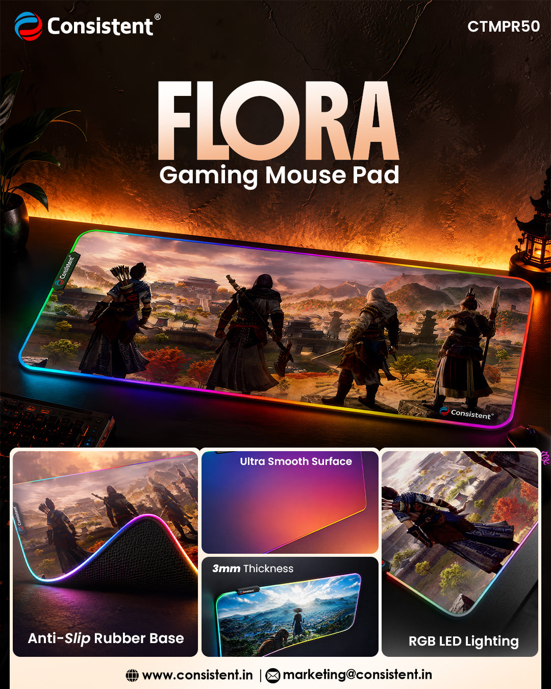 Everest Store Consistent FLORA RGB gaming mouse pad with LED lighting, featuring a colorful floral design and smooth surface.