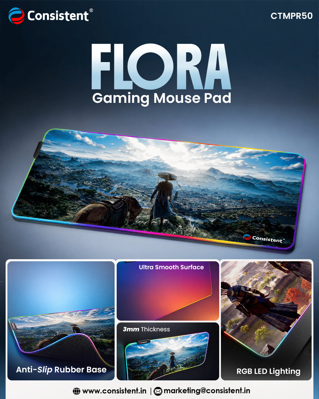 Everest Store Consistent FLORA RGB gaming mouse pad with LED lighting, featuring colorful illuminated floral design on smooth surface.