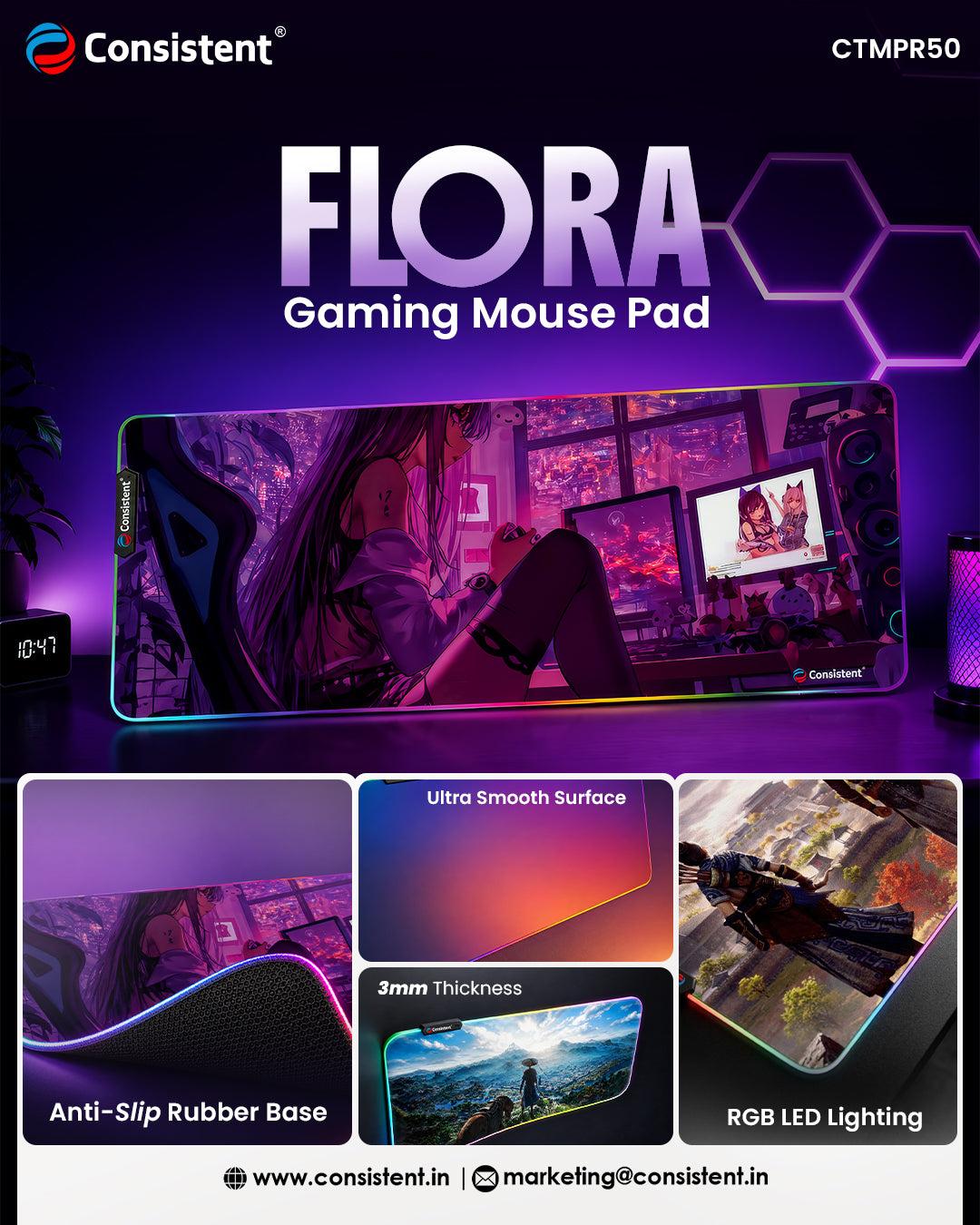 Flora RGB gaming mouse pad by Everest Store with LED lighting and smooth surface for precise mouse control.