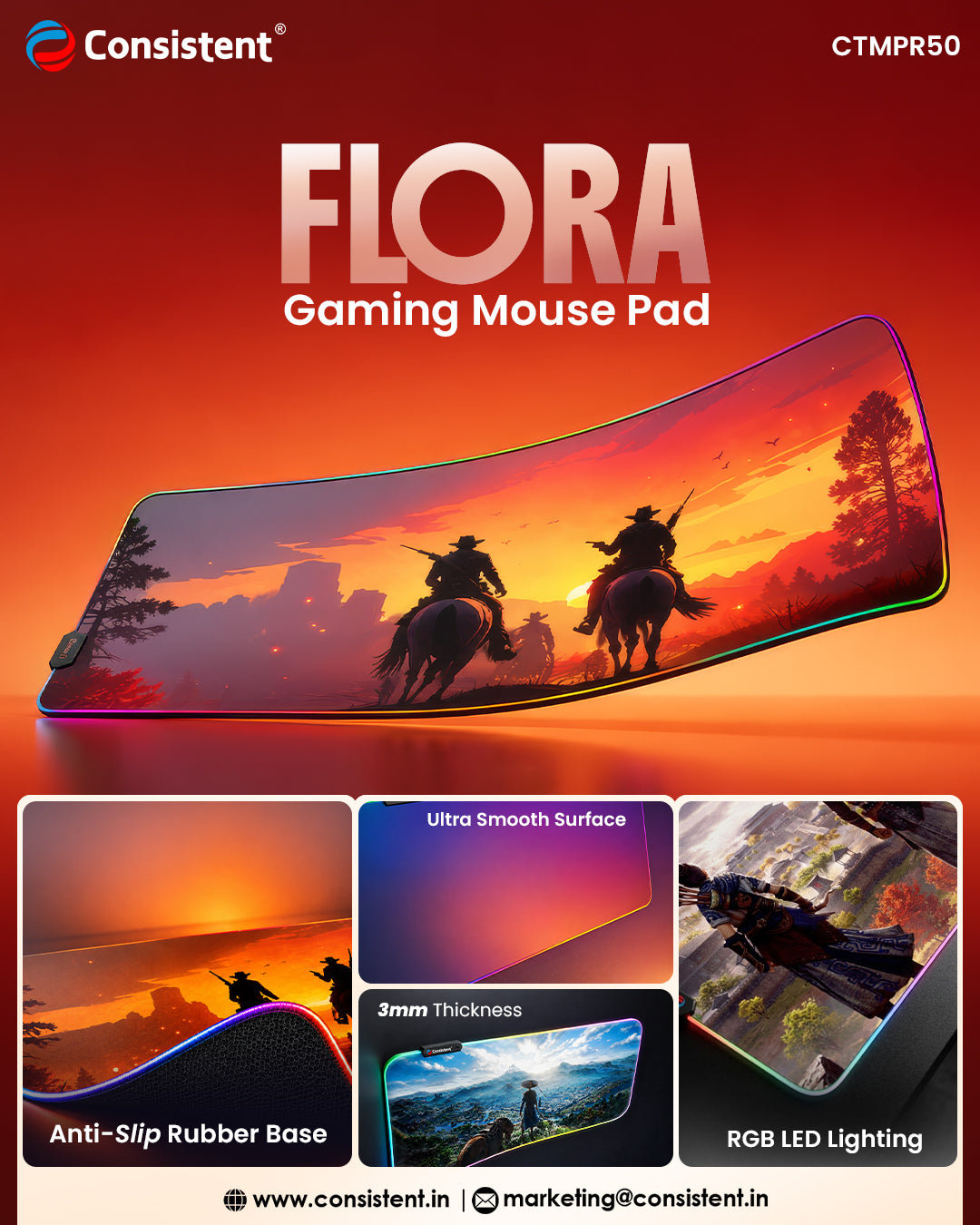 RGB gaming mouse pad with LED lighting, consistent flora design, Everest Store branded, featuring smooth surface and illuminated edges.