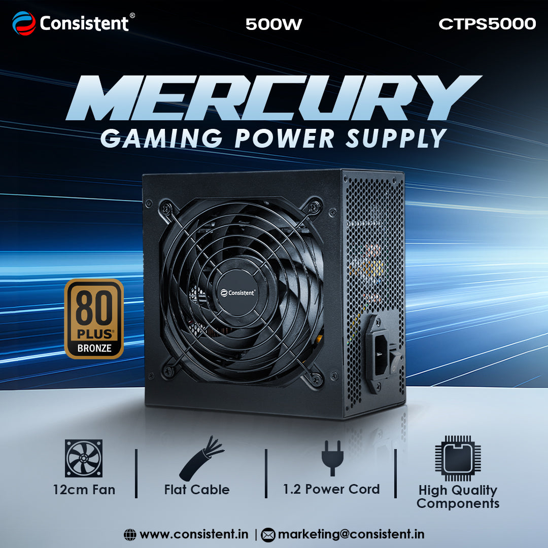 Mercury 500W gaming power supply from Everest Store, 80 Plus Bronze certified, with modular cables and cooling fan.