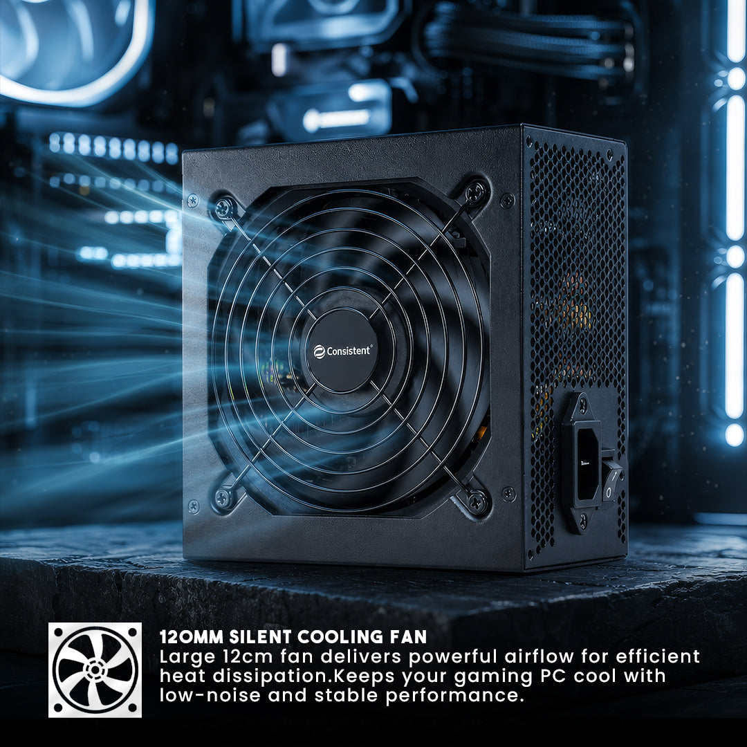 Mercury 500W gaming power supply by Everest Store, 80 Plus Bronze certified, with modular cables and cooling fan, front view.