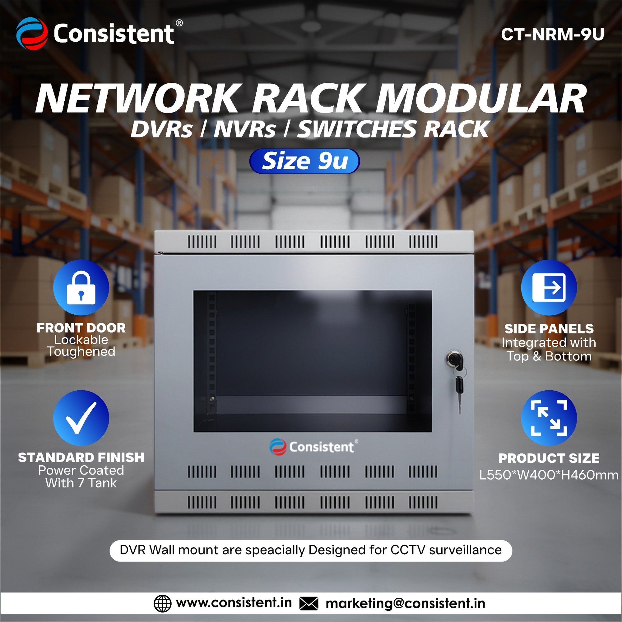 Everest Store Consistent Network Rack Modular 9U mounted with adjustable shelves and cable management for server organization.
