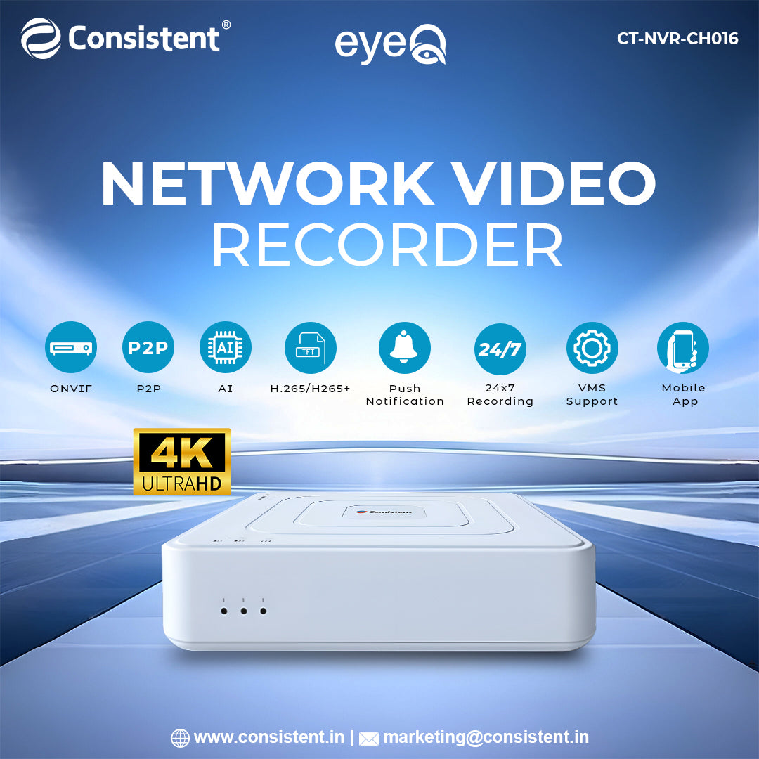 Consistent NVR 16-channel network video recorder with VGA and HDMI outputs for live view or recording setup.