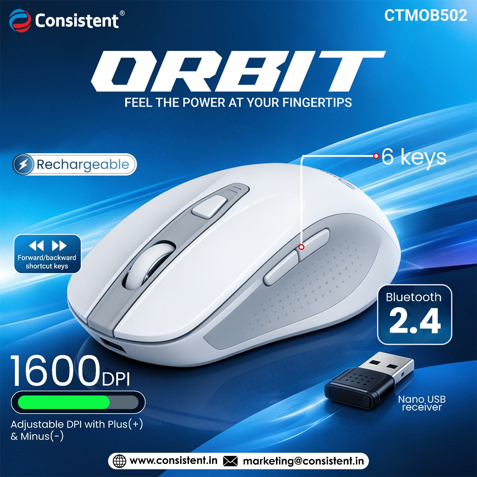 Consistent Orbit BT + 2.4GHz Rechargeable Wireless Mouse (CTMOB502) White