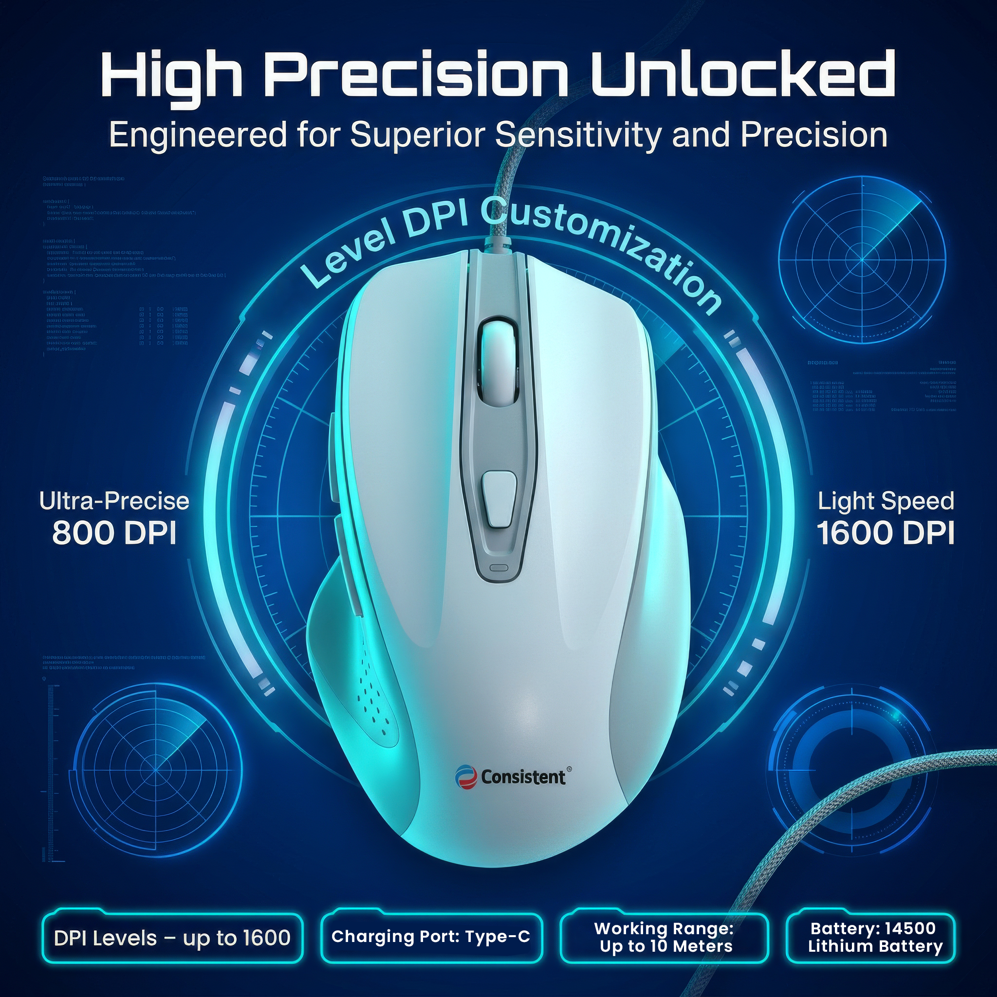 Consistent Orbit BT + 2.4GHz Rechargeable Wireless Mouse (CTMOB502) White