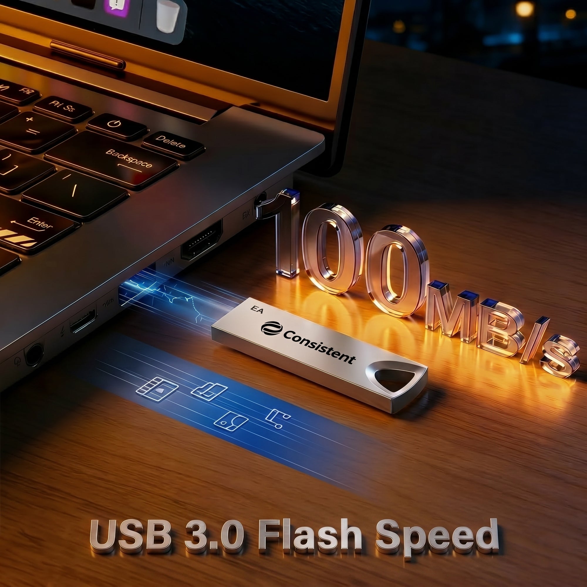 Grey Consistent Pen Drive 64GB USB 3.0 with sleek design, showcasing the portable storage device with branding details.