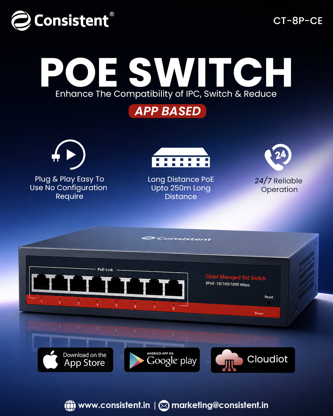 Consistent 8-Port Cloud Managed PoE Switch (CT-8P-CE)  | Gigabit 10/100/1000 Mbps | Up to 250m PoE Transmission | Plug &amp; Play