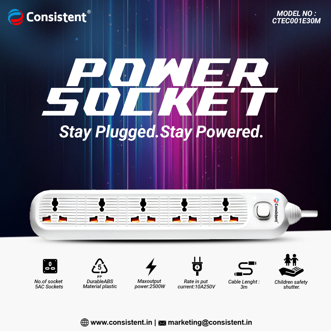 Consistent POWER SOCKET EXTENSION With 5AC Sockets 3m (CTEC001E30M)
