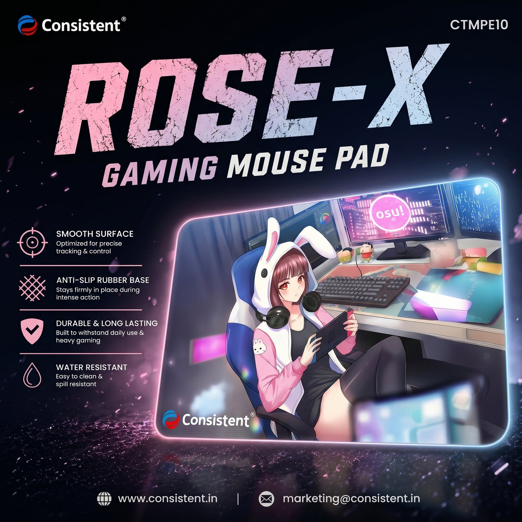 Everest Store Consistent Rose-X gaming mouse pad with floral design, smooth surface, and non-slip rubber base for precise control.