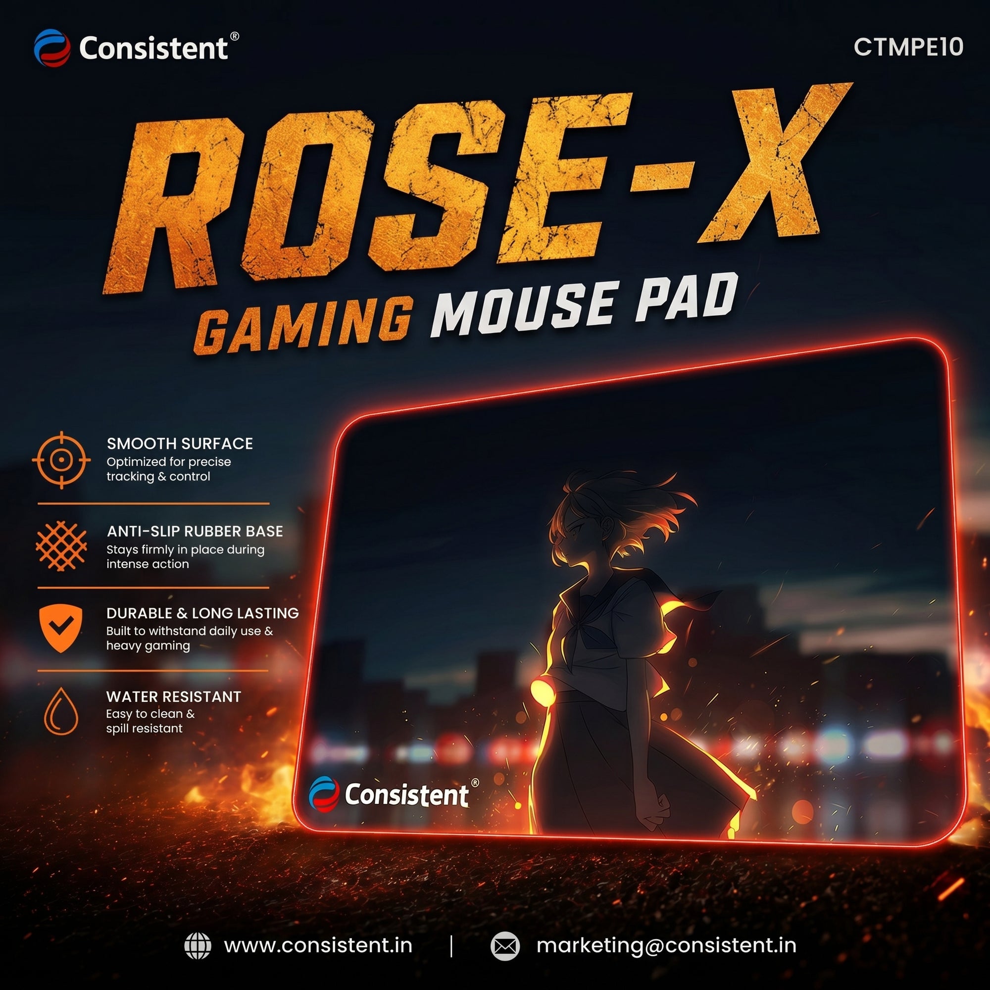 Everest Store Consistent Rose-X gaming mouse pad with pink floral design, smooth surface, and non-slip rubber base.