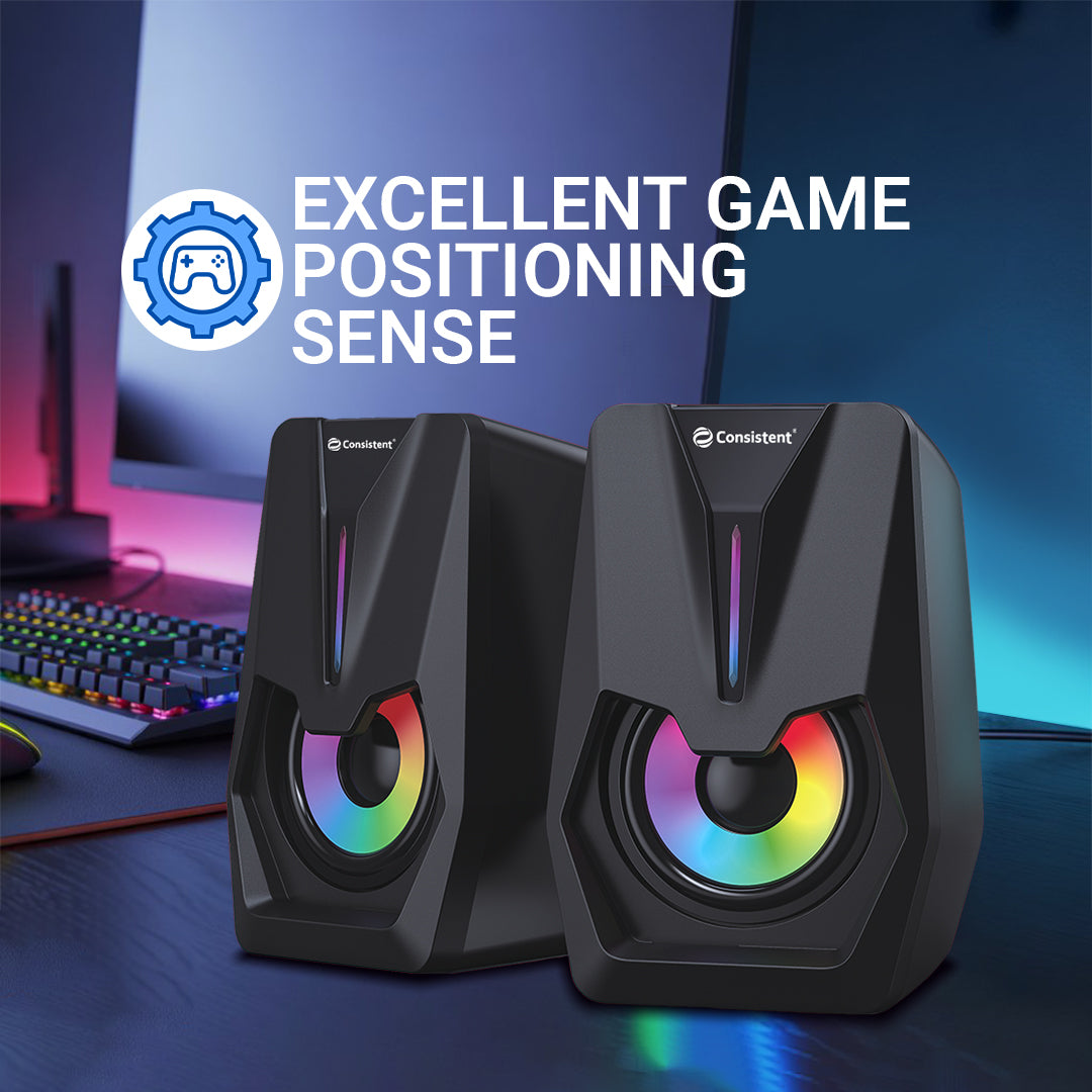 Consistent SA RE GA MA Desktop Computer Speakers, 2.0 Channel, USB Powered, RGB Lighting, Black