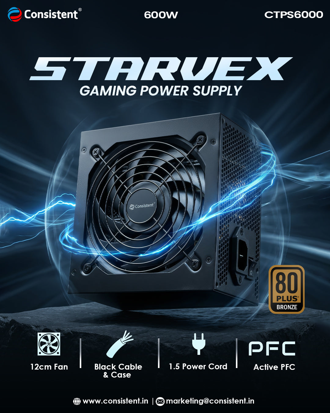 Consistent Starvex 600W gaming power supply with 80 Plus Bronze certification, black design, and modular cables.