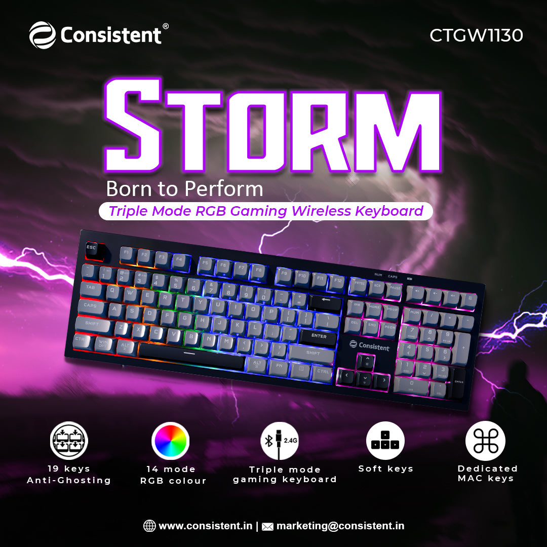 Consistent STORM Gaming Triple Mode Wireless RGB & MAC Support Keyboard  for Windows, USB Plug-and-Play, Keystrokes, RGB lighting, Stylish Slim Design, 19 keys Anit-Ghosting.