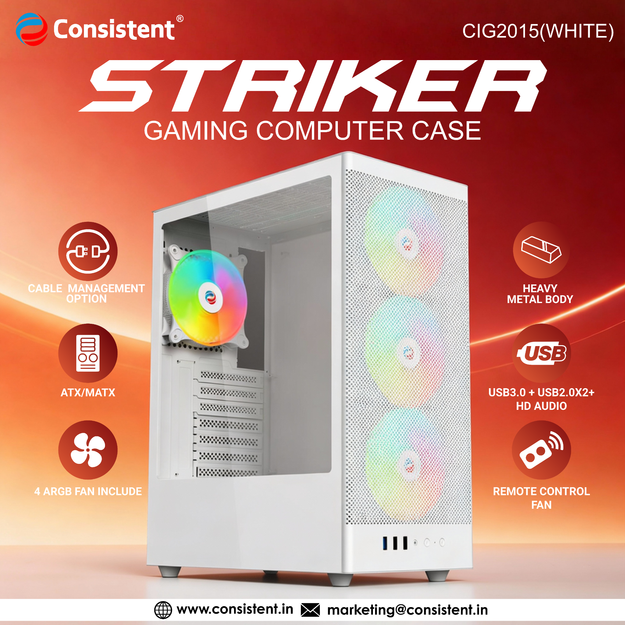 Consistent STRIKER Gaming Computer Case White (CIG2015)