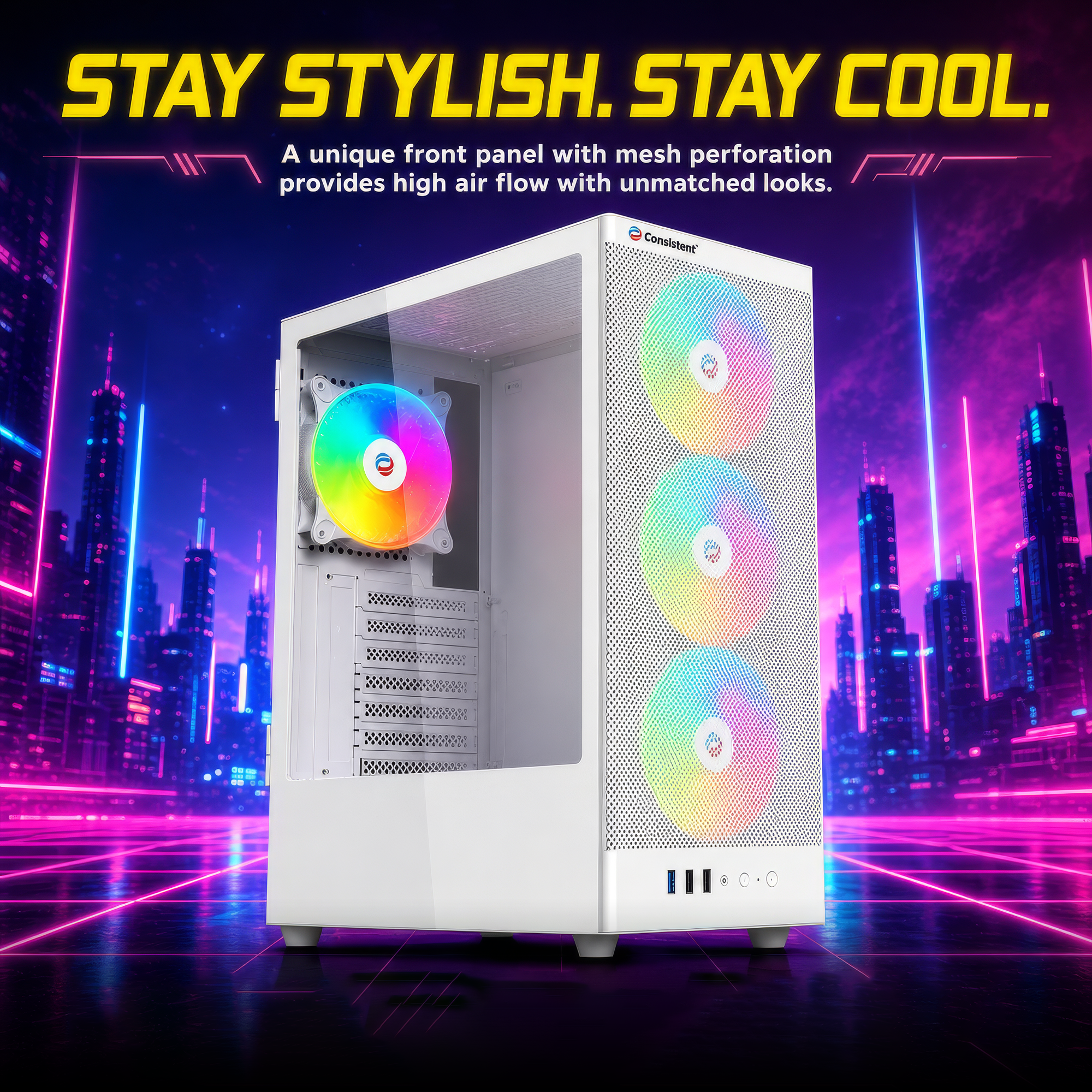 White Everest Striker gaming computer case with sleek design and front panel ports, shown in the image.